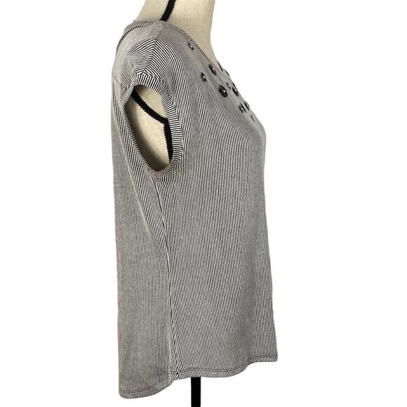 ELLE Sequin Blouse Short Sleeve Black Striped Scoopneck Top Womens XS - Picture 2 of 11